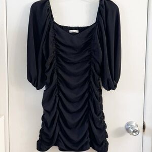 Black Ruched Dress with Puff Sleeves